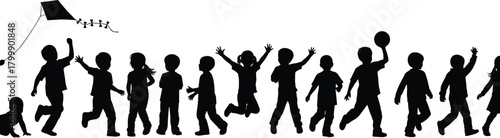 Children silhouettes, playful poses, outdoor activity, kids flying kites, running and jumping, black vector clipart, childhood fun, recreational design elements