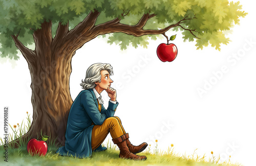 Isaac Newton under an apple tree thoughtfully observing apple for scientific discovery and gravity concept illustration