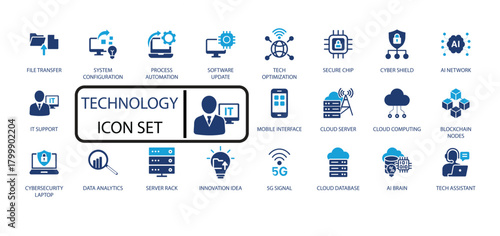 A professional vector icon set covering modern IT, Cloud Computing, AI, Cybersecurity, and 5G signal. Presentations, and digital infographics.