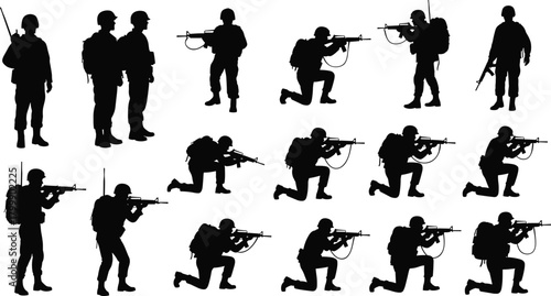 Soldier silhouettes, military poses, tactical stances, rifle holding figures, combat readiness, army illustration, war vector, battlefield clipart, defense design elements