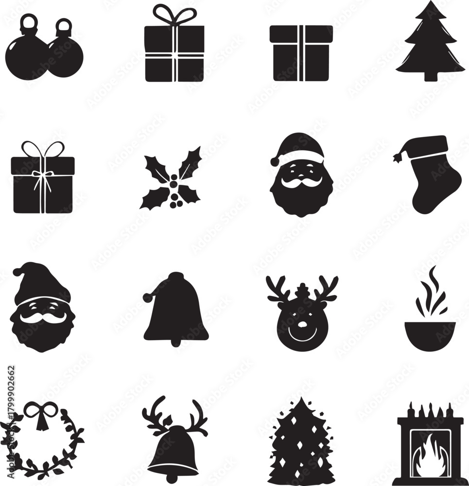 Naklejka premium Christmas icon grid with gifts, trees, Santa, reindeer, bells, wreath, stocking, and holiday silhouettes