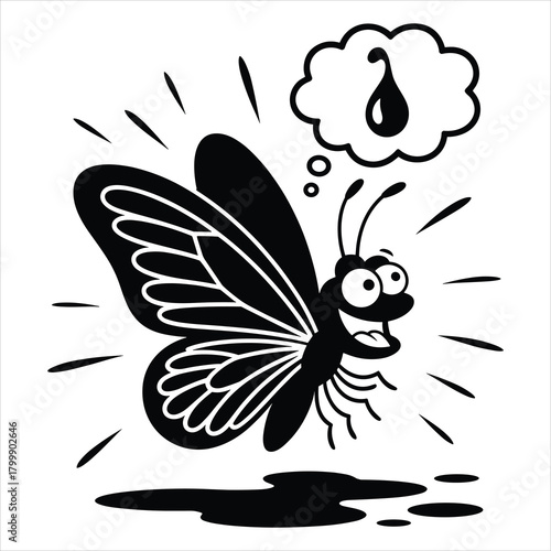Happy cartoon butterfly illustration thinking of a water drop isolated on white background, Vector