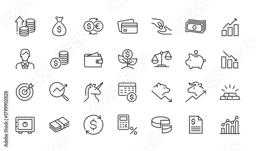 Financial and Money Investment related icon set - Editable stroke, Pixel perfect at 64x64