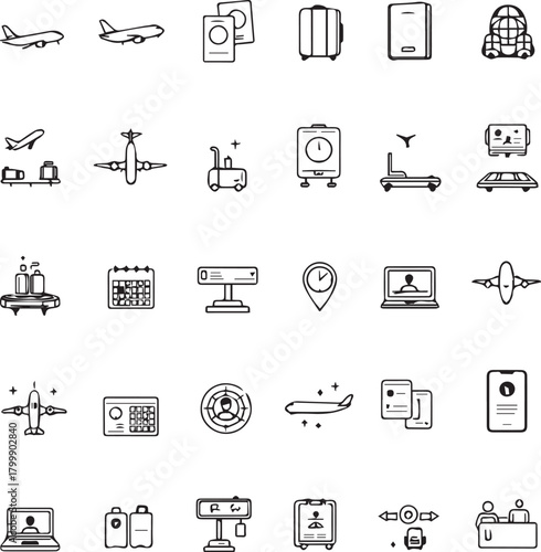 Air travel icon grid with planes, passports, terminals, boarding passes, security, and airport logistics