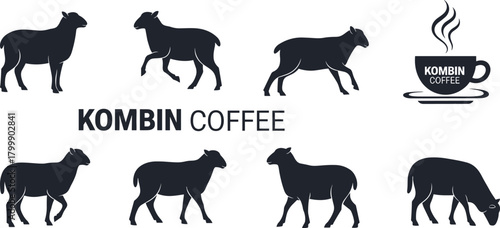 Sheep silhouette vector, coffee brand logo, grazing sheep icons, rustic farm animals, steaming cup graphic, KOMBIN COFFEE design, minimalist artwork