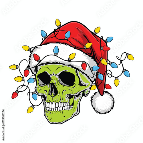 Green Skull Santa Hat Christmas Lights Holiday Design, t-shirt design for you.