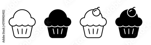 Cupcake icons in black and white with various frosting designs and cherry topping, representing dessert, bakery, and sweet treats