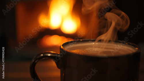 Cozy winter night hot cocoa by fireplace
Warm festive scene with hot cocoa and a glowing fireplace