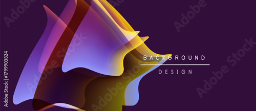 Abstract shapes overlap, creating vibrant gradients. Purple background emphasizes dynamic design elements. Modern aesthetic.