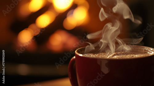 Cozy winter night hot cocoa by fireplace
Warm festive scene with hot cocoa and a glowing fireplace