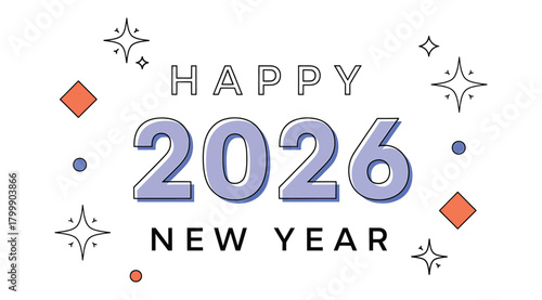 Happy 2026 new year text with sparkling stars and geometric shapes, isolated on