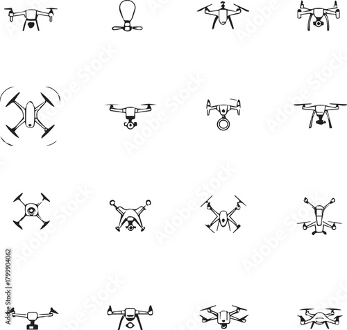 Drone icon grid with 16 unique configurations featuring rotors, cameras, payloads, and aerial tech styles