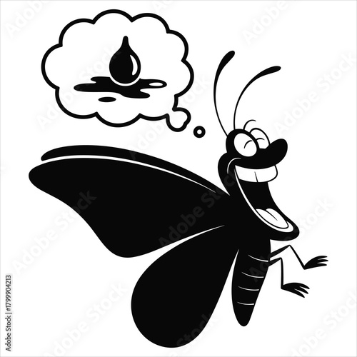 Cheerful cartoon butterfly dreams of oil drop, illustrating energy. isolated on white background, Vector