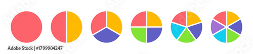 Colorful pie chart icons in various stages, representing data visualization and statistical analysis