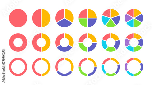 Colorful pie chart icons in different stages of segmentation and circle representations for data visualization