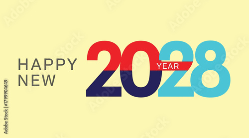 Happy new year 2028 text graphic with red and blue numbers and cyan year