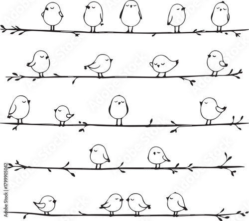 Black line illustration of birds on tree branches in varied poses for counting and nature-themed activities