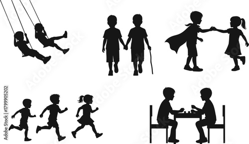 Children playing silhouette set, kids running, swinging, walking, and playing games, childhood friendship and fun outdoor activity vector illustration concept design