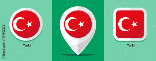 Flat Design Turkey Flag Map Round and square on green background