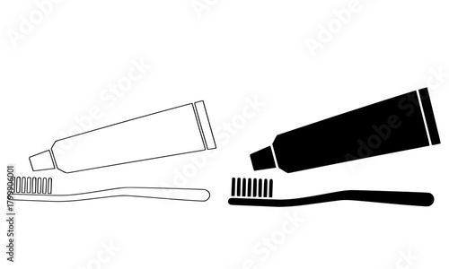 Toothpaste and toothbrush icon set, dental hygiene and oral care vector illustration, morning routine and bathroom essentials graphic in solid black silhouette and outline style.