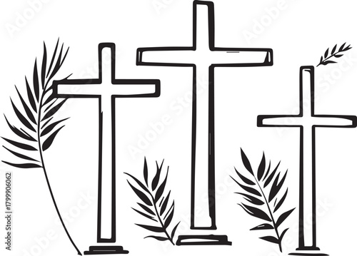 Black line illustration of three crosses with palm fronds symbolizing crucifixion and Palm Sunday