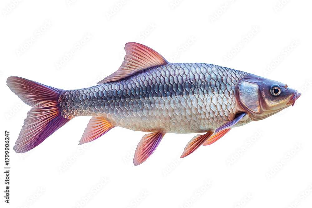 Fototapeta premium A vibrant ruby carp isolated on transparent background, showcasing its iridescent scales and graceful form in a studio setting, capturing its beauty