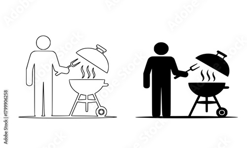 Person grilling on barbecue icon set, pictogram of a figure cooking on a kettle grill with smoke for outdoor summer party, backyard BBQ, picnic, or cooking event vector illustration.
