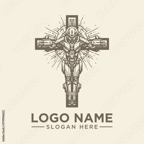 Futuristic Robot Crucifix Logo Vector Design Technology, Faith, and Symbolism - eps68