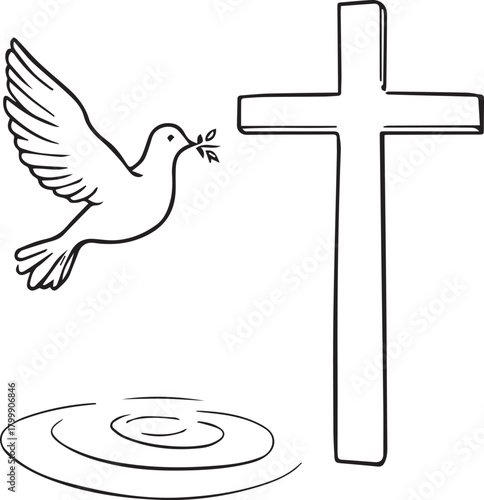 Black line illustration of dove with olive branch, cross, and water ripples symbolizing peace and baptism