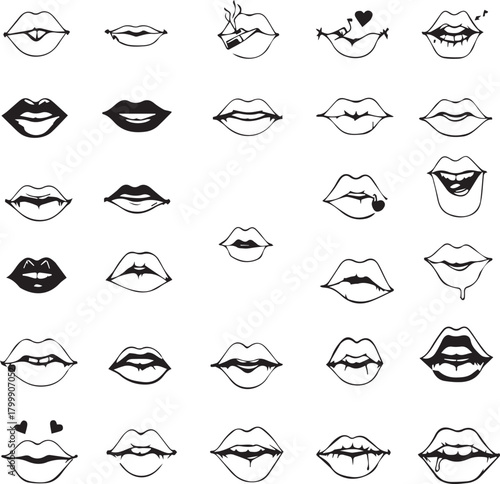 Grid of 25 black line lip illustrations showing varied expressions, piercings, embellishments, and styles