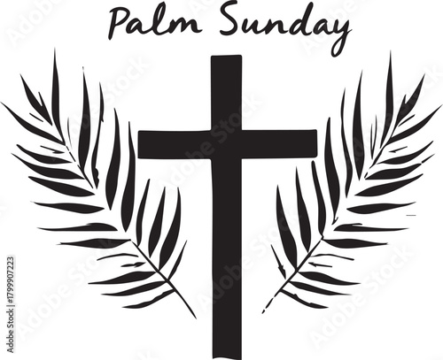 Black silhouette of cross with palm fronds and “Palm Sunday” text symbolizing Christian observance