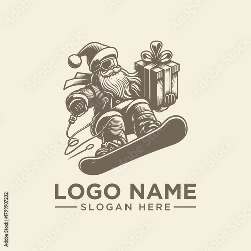 Santa Claus snowboarding with gift, vector logo illustration