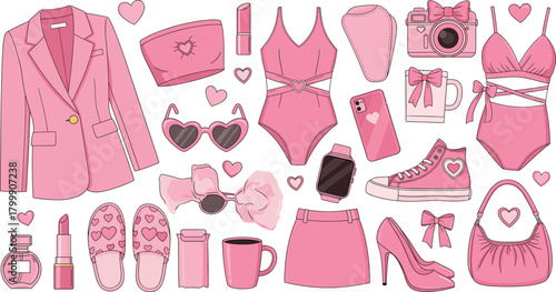 Trendy pink fashion clipart set with clothing, shoes, handbag, makeup, camera, phone, lingerie and cute heart themed accessories vector