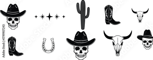 Black and white graphic illustration of western cowboy skull boots cactus and bull skull elements