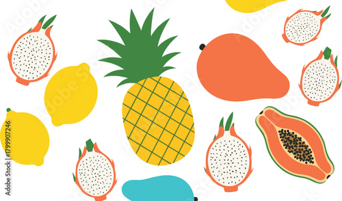Tropical fruit vector set with pineapple, lemon, dragon fruit, papaya and mango for summer food, exotic market and healthy diet design