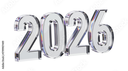 3d rendering of the year 2026 in a clear, reflective, metallic font, isolated on a, symbolizing the future and new beginnings