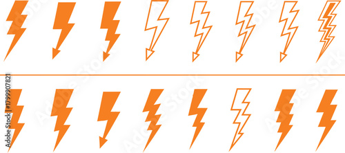Collection of orange lightning bolt icons and symbols in various styles on a white background