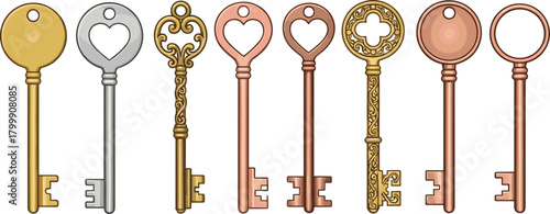 Vintage skeleton keys vector set with antique brass, gold and ornate heart lock key designs for steampunk, wedding and retro decor