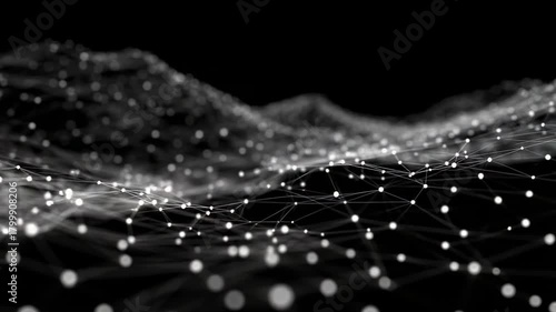 An abstract digital landscape of interconnected white nodes and lines forming a wave-like mesh on a black background