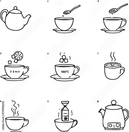  Tea Preparation Instructions Icons Set - How to Make Tea Infographic Vector