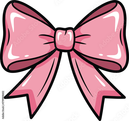 Shiny Pink Ribbon Bow Cartoon Vector Illustration.
