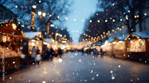 Fototapeta Naklejka Na Ścianę i Meble -  Vibrant winter market scene with twinkling lights, snowflakes falling gently alongside wooden stalls displaying handmade ornaments, festive atmosphere, and cozy holiday spirit, copy space on right