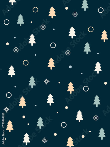 Vibrant seamless pattern of bright Christmas trees paired with crisp snowflakes on a rich dark blue background. Ideal for winter-themed prints, bold Christmas packaging, and cozy seasonal decor.