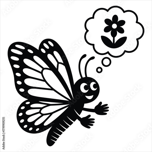 Smiling cartoon butterfly imagines flower, happy insect concept. isolated on white background, Vector