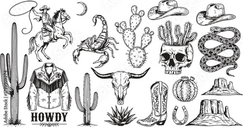 Collection of hand drawn western elements including cowboy hat skull cactus and boots