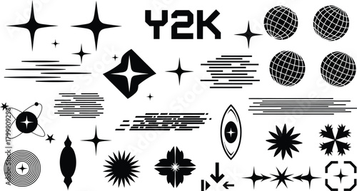 Y2k aesthetic graphic elements collection featuring stars sparkles and abstract shapes