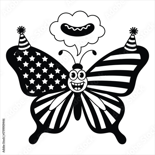 Us flag butterfly, party hats, hot dog thought for celebration isolated on white background, Vector