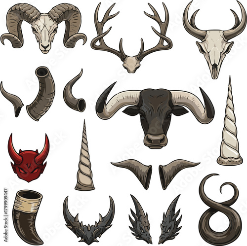  set of black and white icons horn vector art with white background