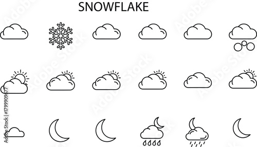 Collection of hand drawn weather icons featuring clouds snowflakes moon and rain