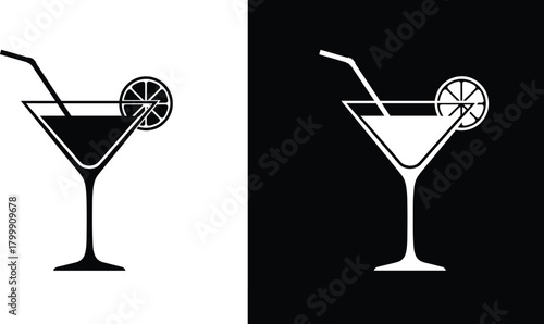Cocktail glass silhouette with straw and lemon slice, black and white vector illustration for bar logo, restaurant menu, and drink design